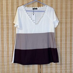 Sheilay Womens XL Top Lace Trim Color Block Boho Casual Workwear Vacation